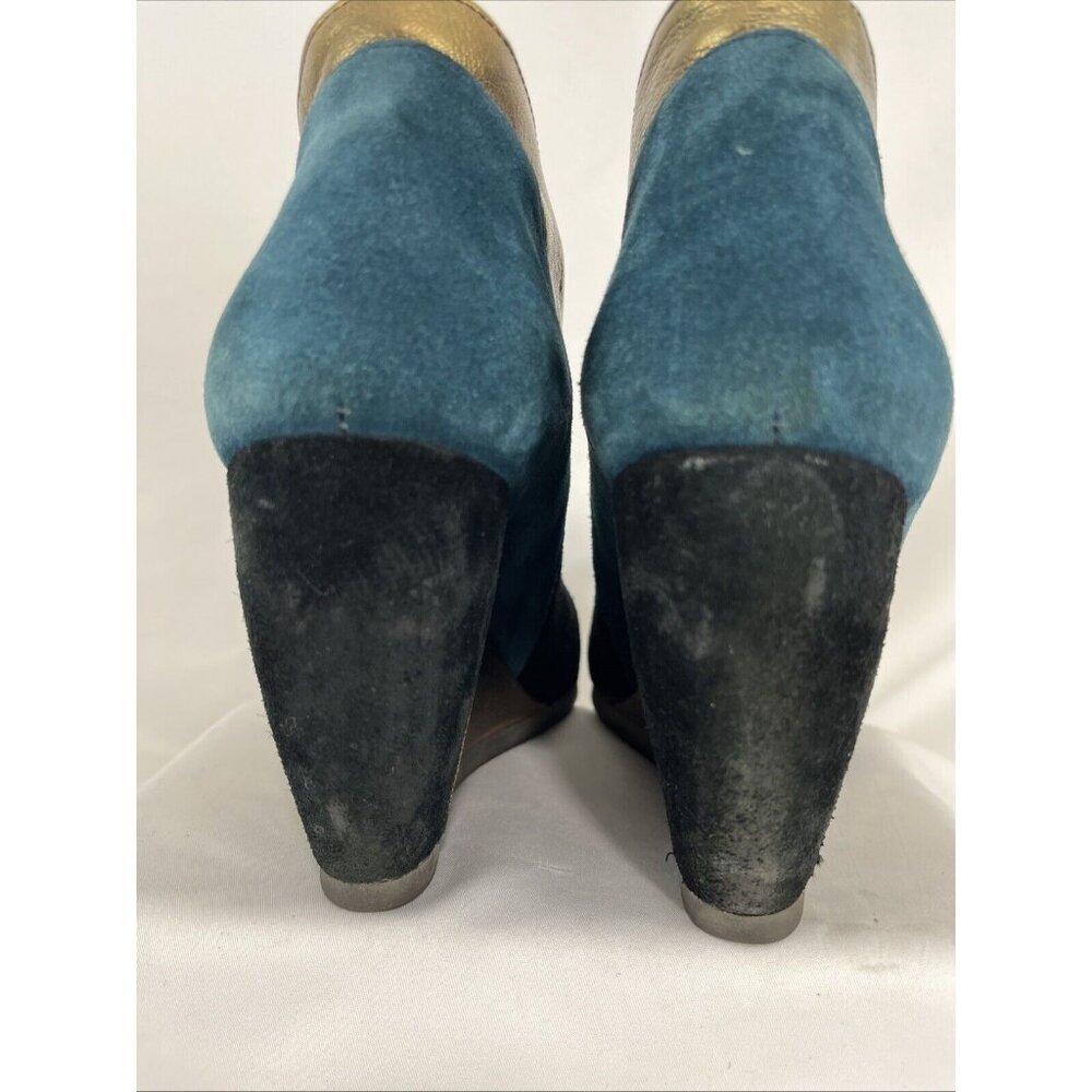 Fly London Teal, Black & Metallic Gold Suede Wedge Booties - Picture 8 of 11